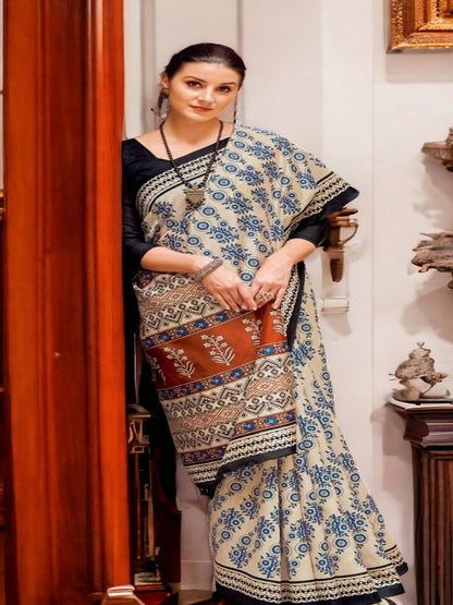 Off White Block Printed Bhagalpuri Silk Saree (Pre-Order)