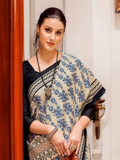 Off White Block Printed Bhagalpuri Silk Saree