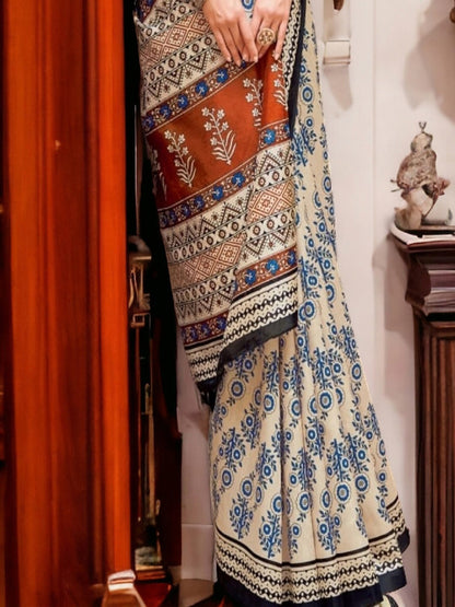 Off White Block Printed Bhagalpuri Silk Saree