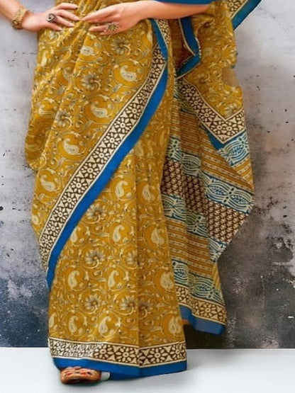 Brown Traditional Floral Printed Bhagalpuri Silk Saree (Pre-Order)