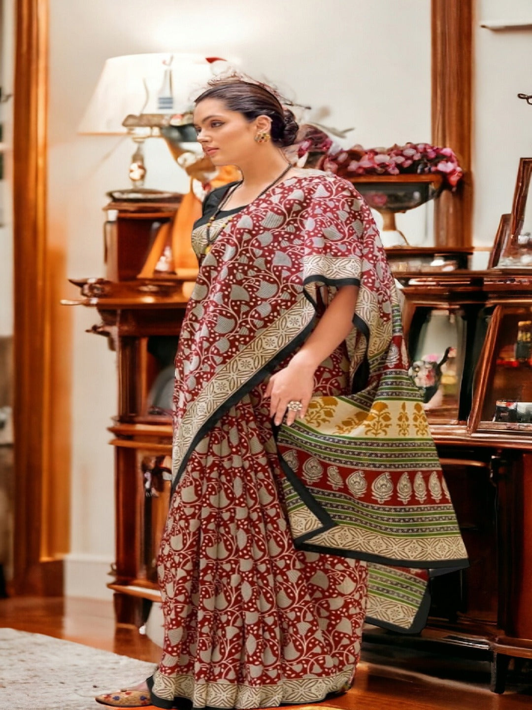 Maroon Ethnic Motifs Printed Bhagalpuri Silk Saree