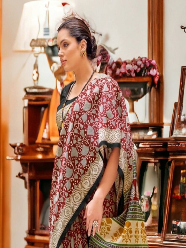 Maroon Ethnic Motifs Printed Bhagalpuri Silk Saree