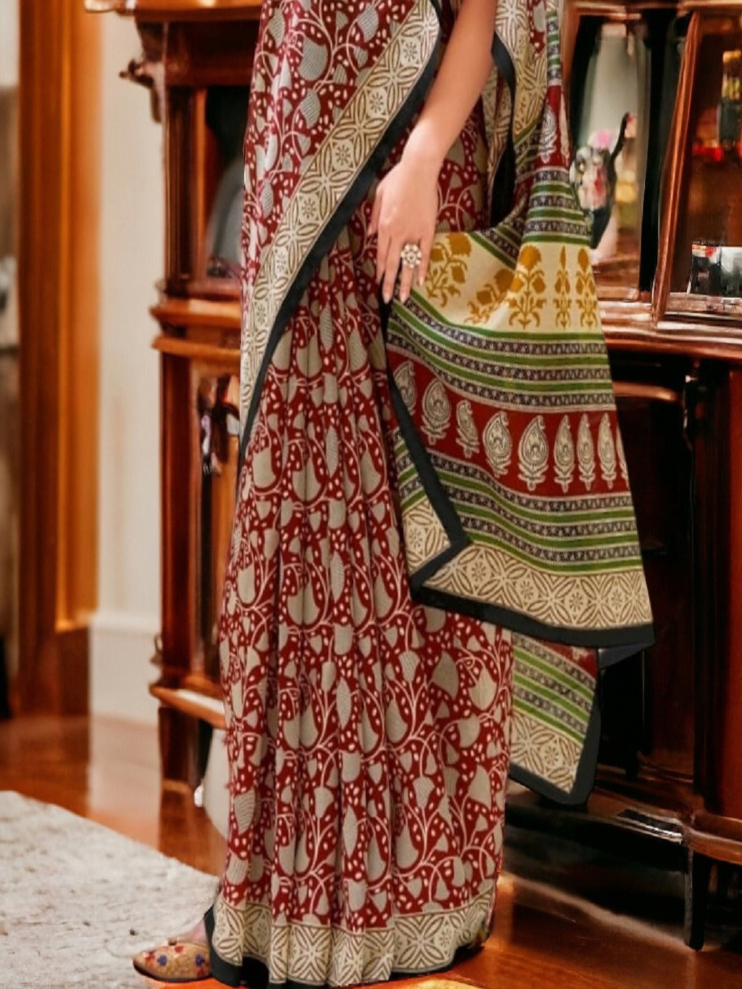 Maroon Ethnic Motifs Printed Bhagalpuri Silk Saree