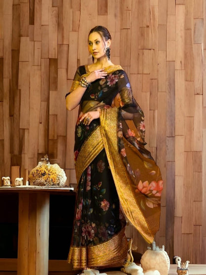 Black Ethnic Floral Zari Organza Saree (Pre-Order)