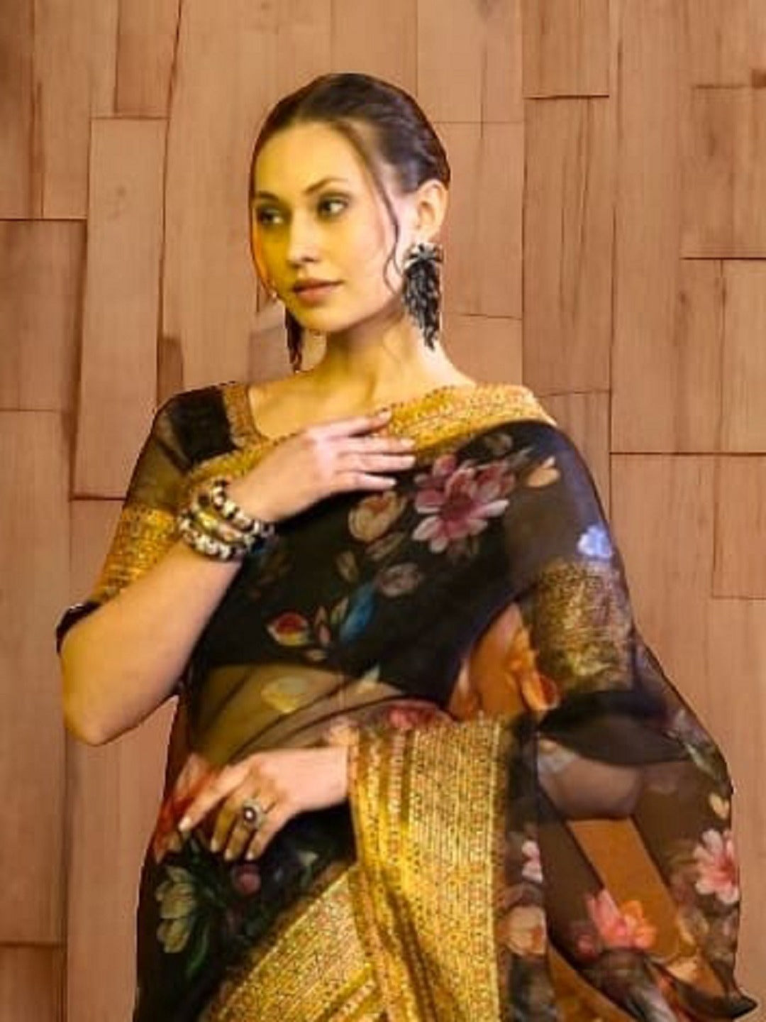 Black Ethnic Floral Zari Organza Saree (Pre-Order)