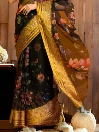 Black Ethnic Floral Zari Organza Saree (Pre-Order)