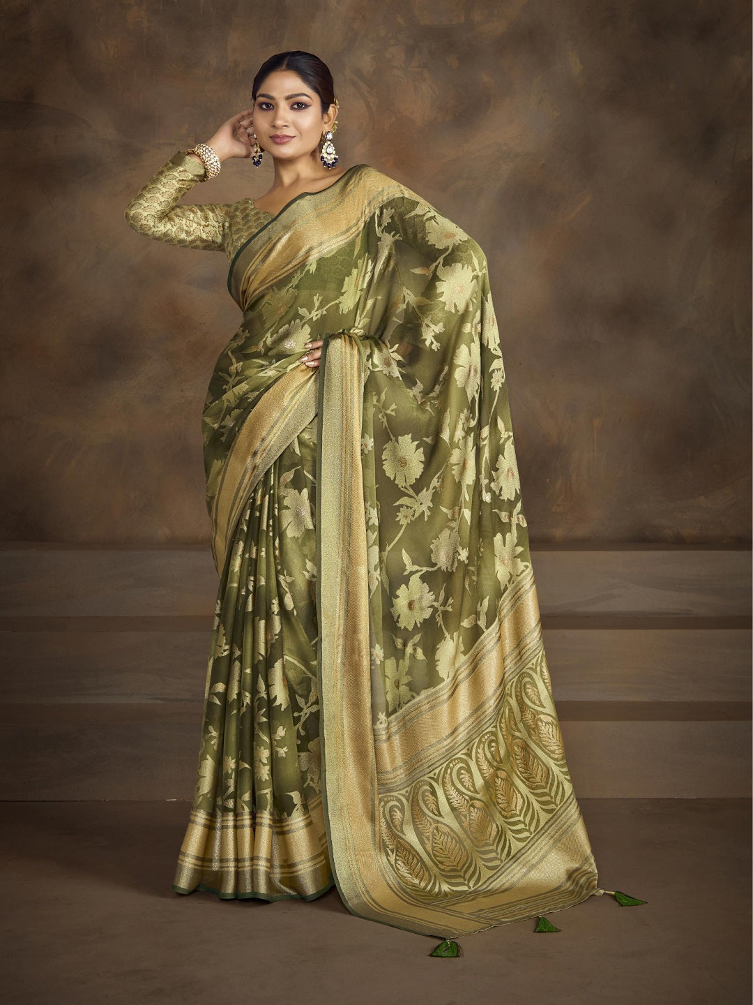 Mehndi Green Floral Print Moss Brasso Saree