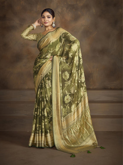Mehndi Green Floral Print Moss Brasso Saree