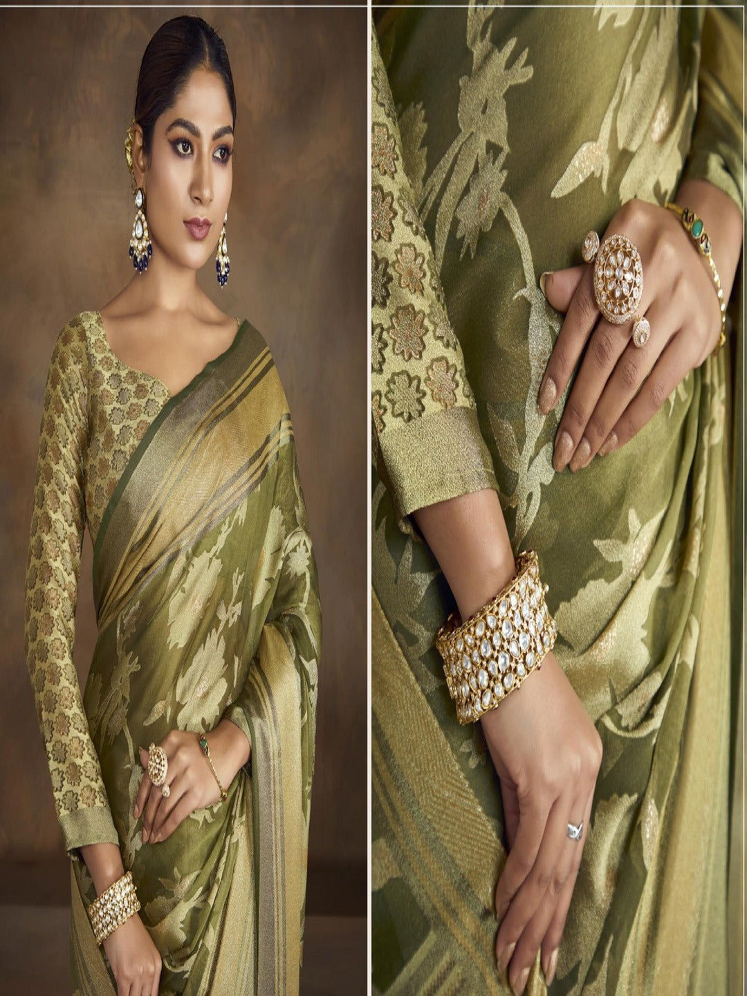 Mehndi Green Floral Print Moss Brasso Saree