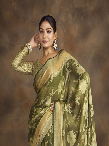 Mehndi Green Floral Print Moss Brasso Saree