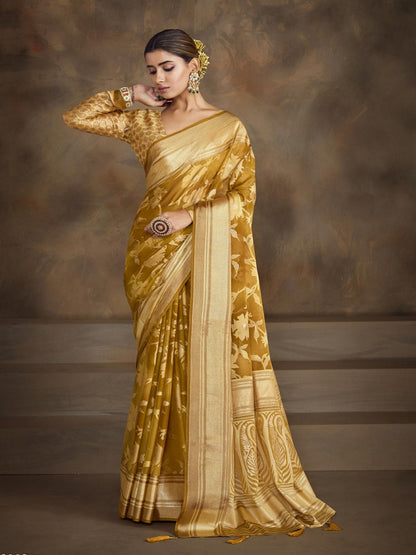 Mustard Floral Print Moss Brasso Saree (Pre-Order)