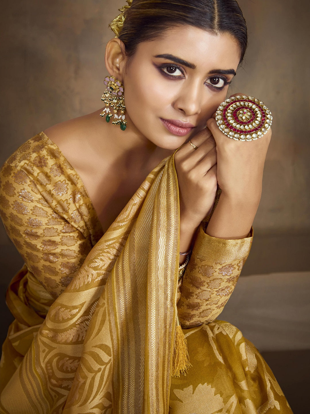 Mustard Floral Print Moss Brasso Saree (Pre-Order)