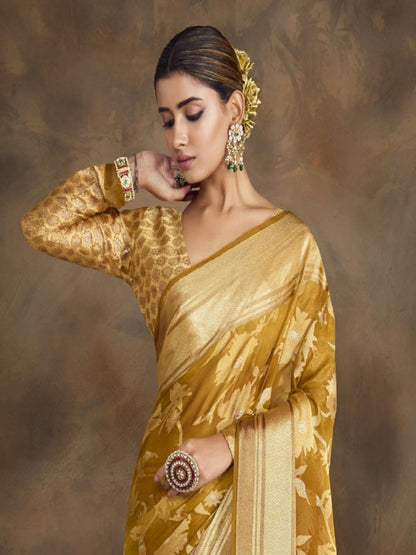Mustard Floral Print Moss Brasso Saree (Pre-Order)