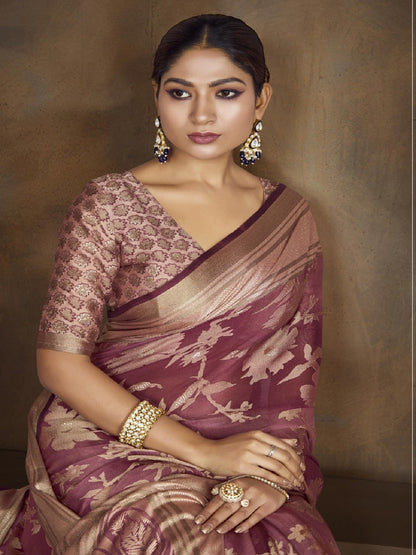 Mauve Floral Print Moss Brasso Saree (Pre-Order)