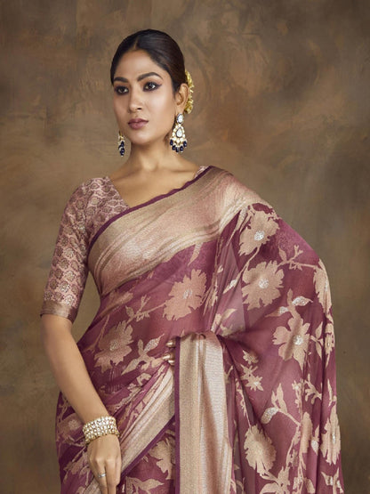 Mauve Floral Print Moss Brasso Saree (Pre-Order)