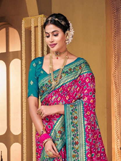 Magenta Ikat Motifs Print With Foil Border Saree