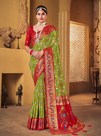 Mehndi Green Ikat Motifs Print With Foil Border Saree