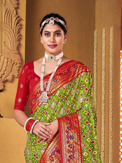 Mehndi Green Ikat Motifs Print With Foil Border Saree