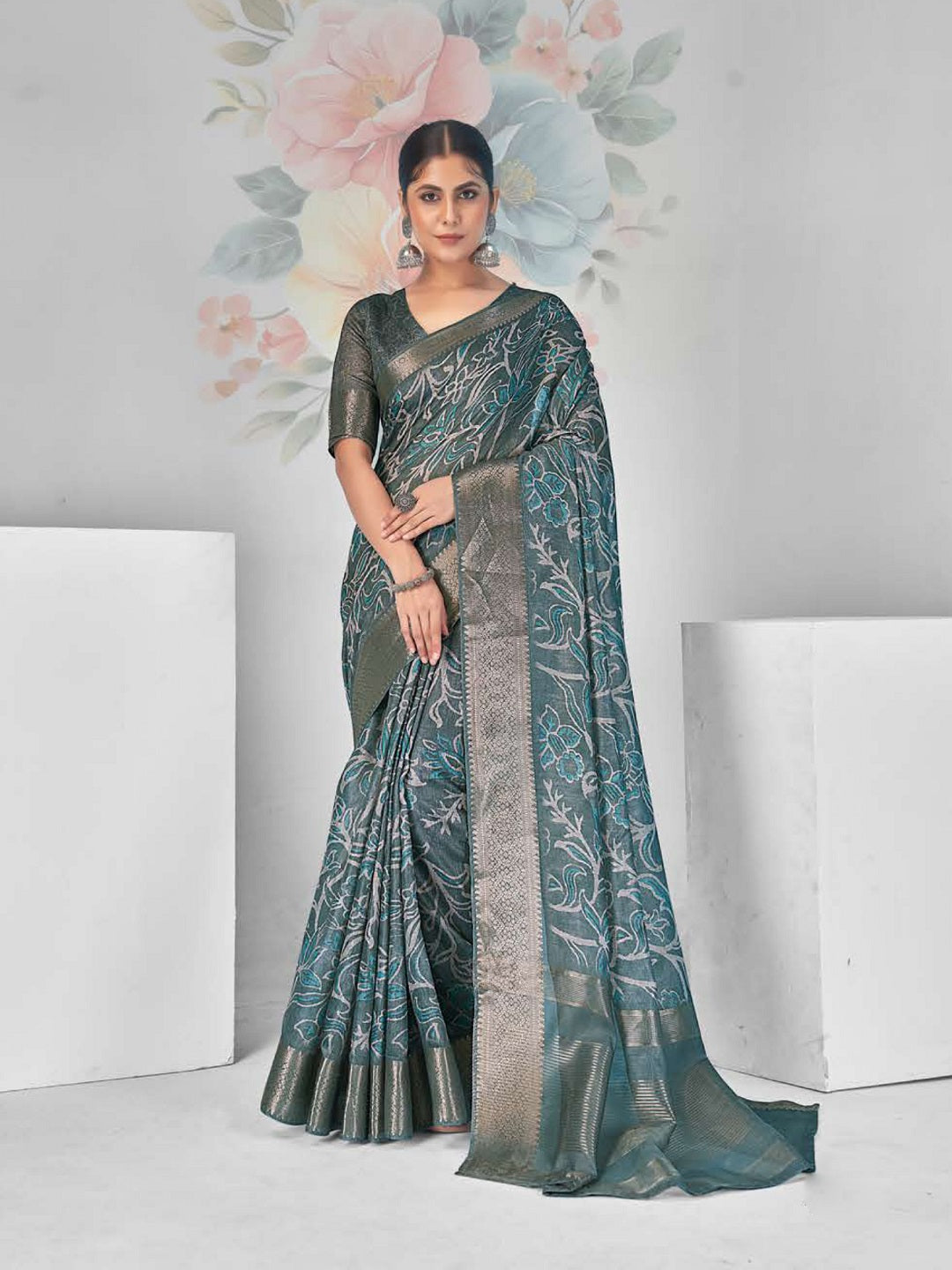 Teal Paisley Print With Zari Border Cotton Saree (Pre-Order)