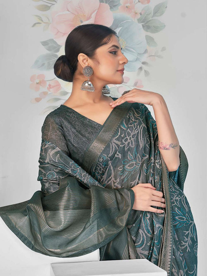 Teal Paisley Print With Zari Border Cotton Saree