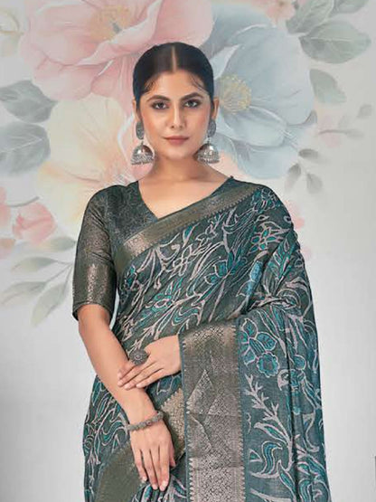 Teal Paisley Print With Zari Border Cotton Saree
