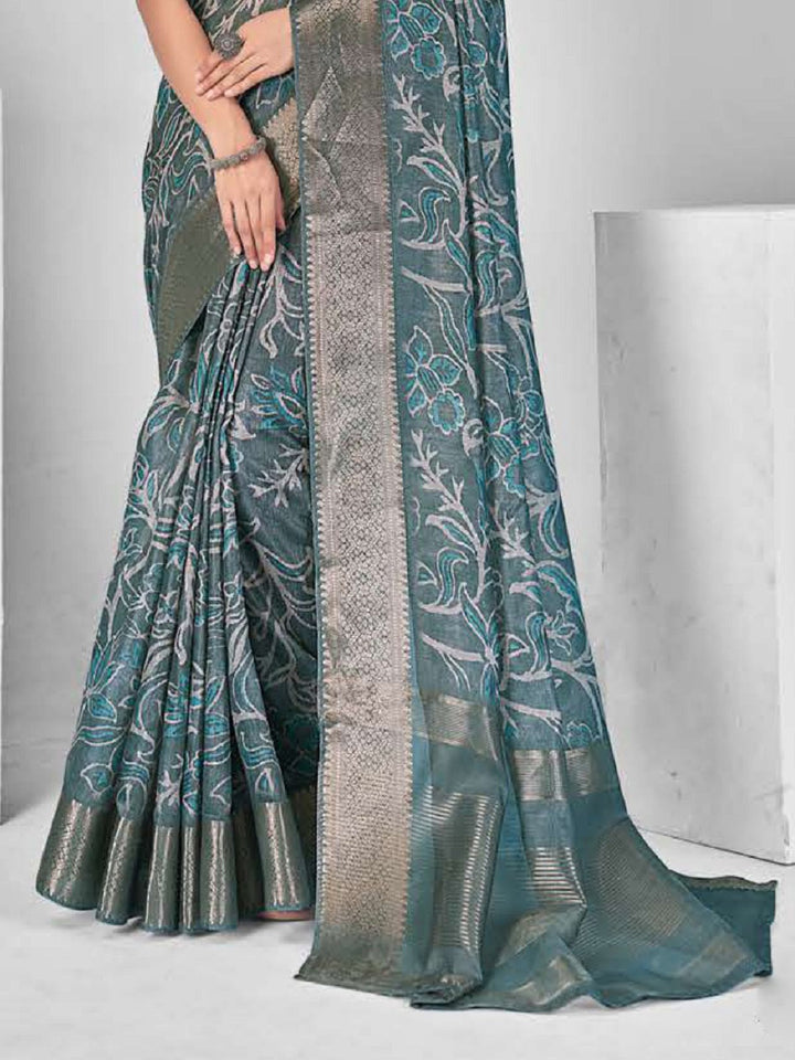 Teal Paisley Print With Zari Border Cotton Saree