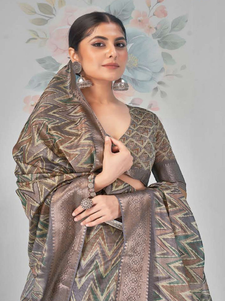 Grey Zig-Zag Print With Zari Border Cotton Saree