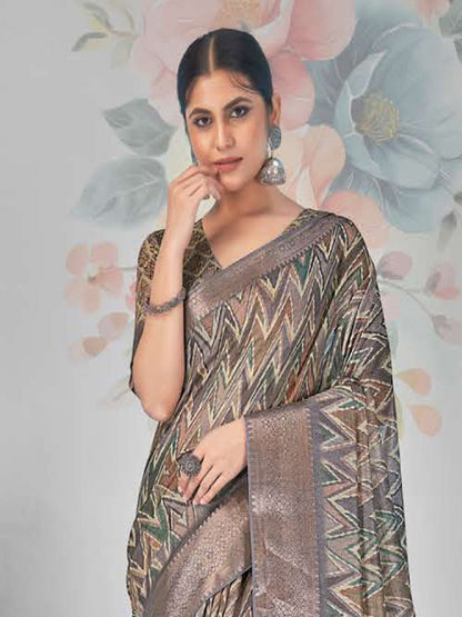 Grey Zig-Zag Print With Zari Border Cotton Saree