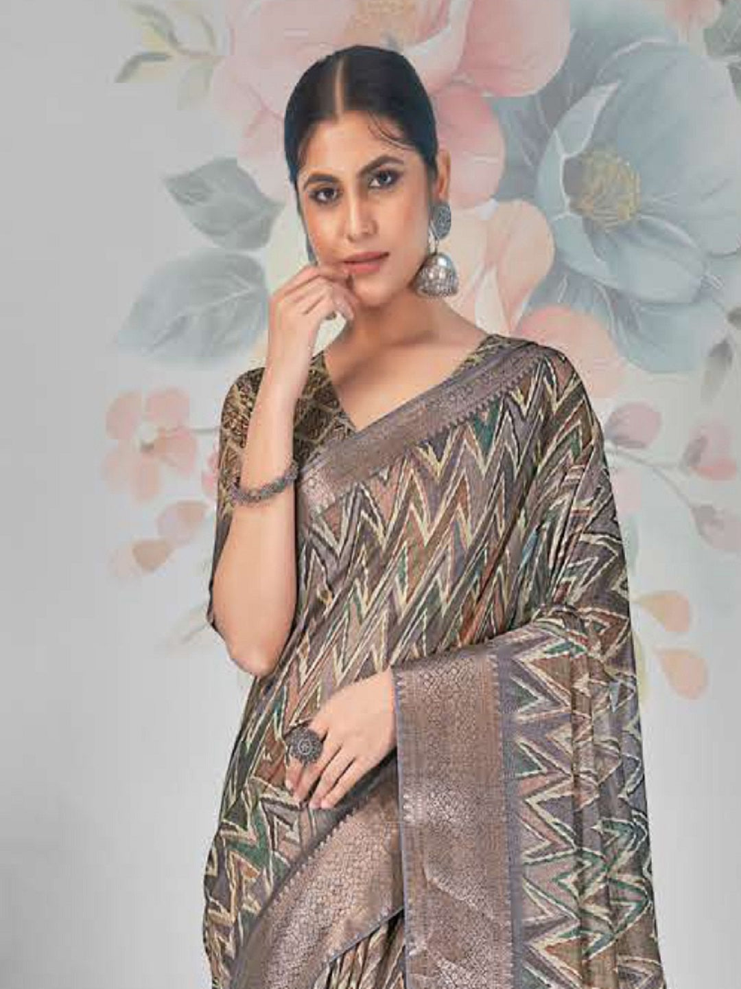 Grey Zig-Zag Print With Zari Border Cotton Saree (Pre-Order)