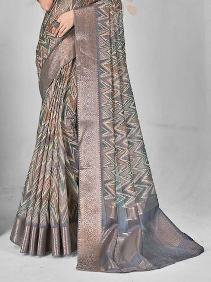 Grey Zig-Zag Print With Zari Border Cotton Saree