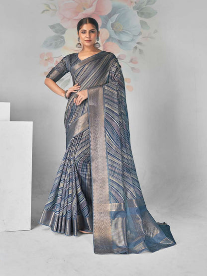 Blue Leheriya Print With Zari Border Cotton Saree