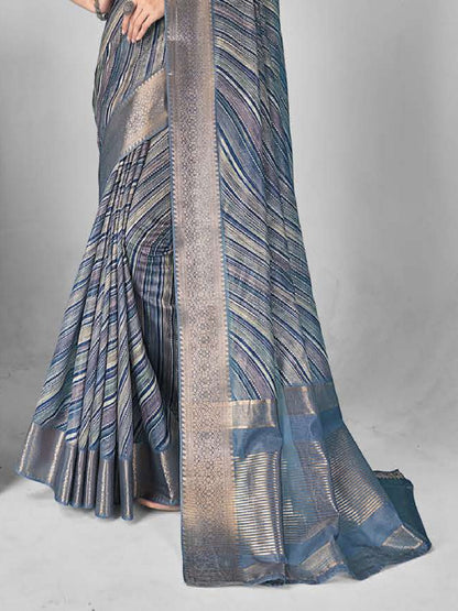 Blue Leheriya Print With Zari Border Cotton Saree