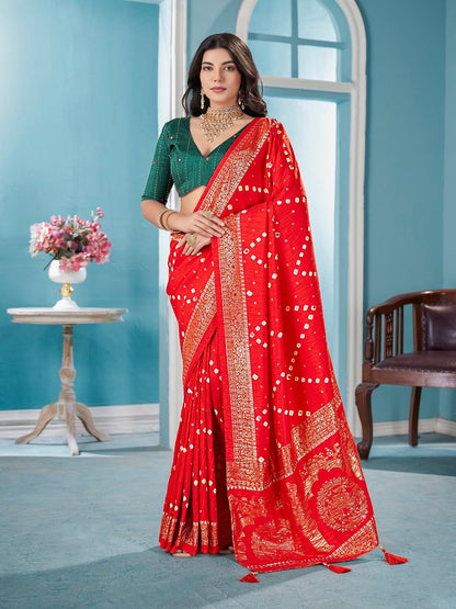Red Bhandej Aari Work Crushed Silk Saree