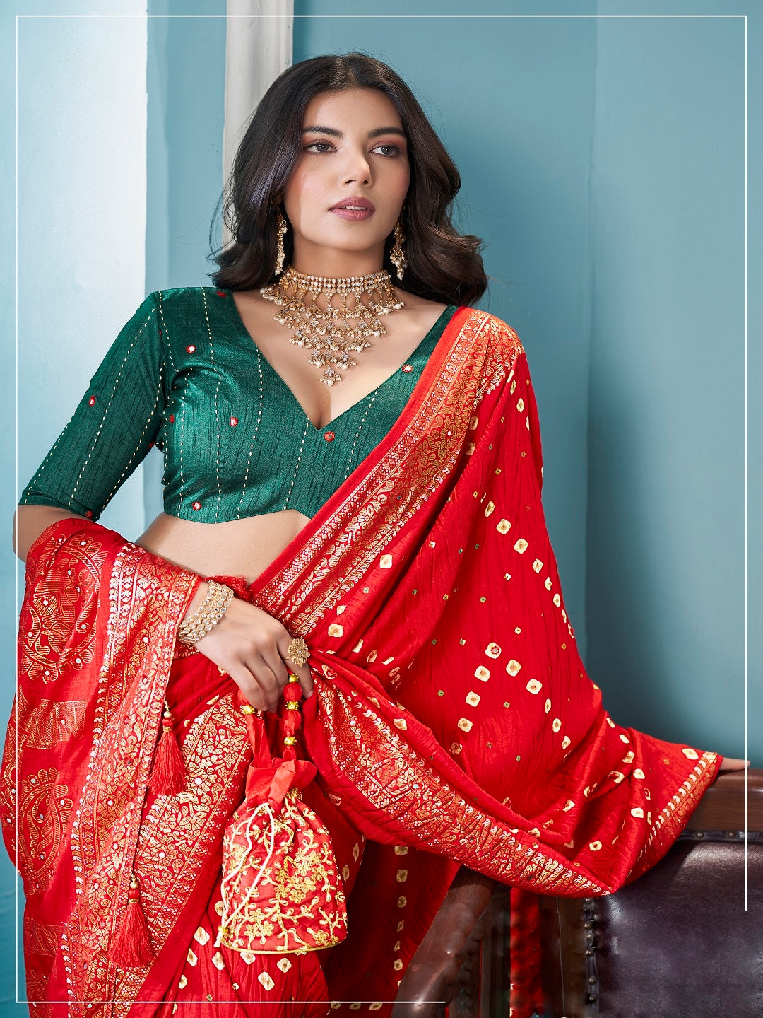 Red Bhandej Aari Work Crushed Silk Saree