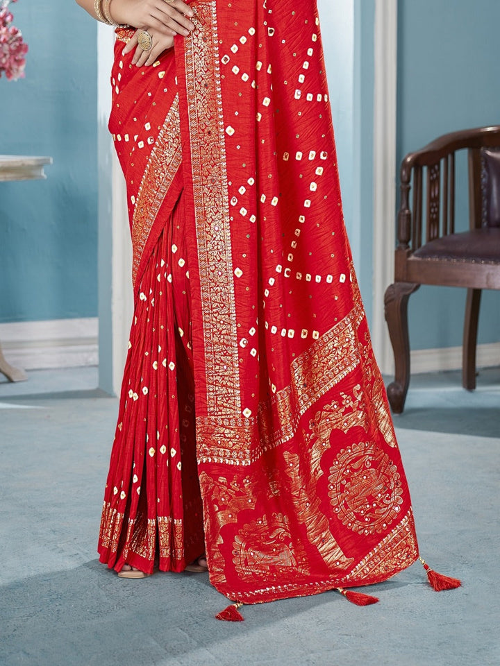 Red Bhandej Aari Work Crushed Silk Saree