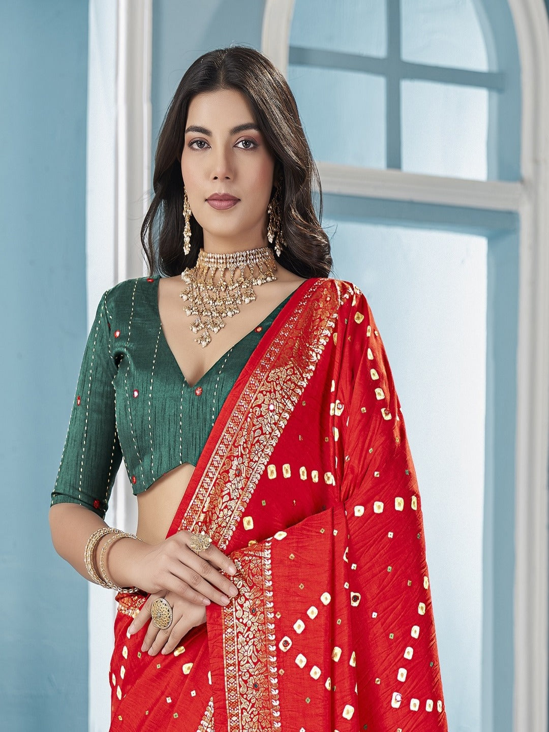 Red Bhandej Aari Work Crushed Silk Saree