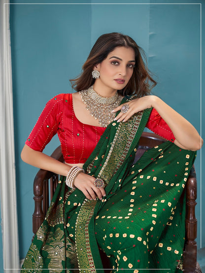 Green Bhandej Aari Work Crushed Silk Saree (Pre-Order)
