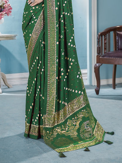 Green Bhandej Aari Work Crushed Silk Saree (Pre-Order)