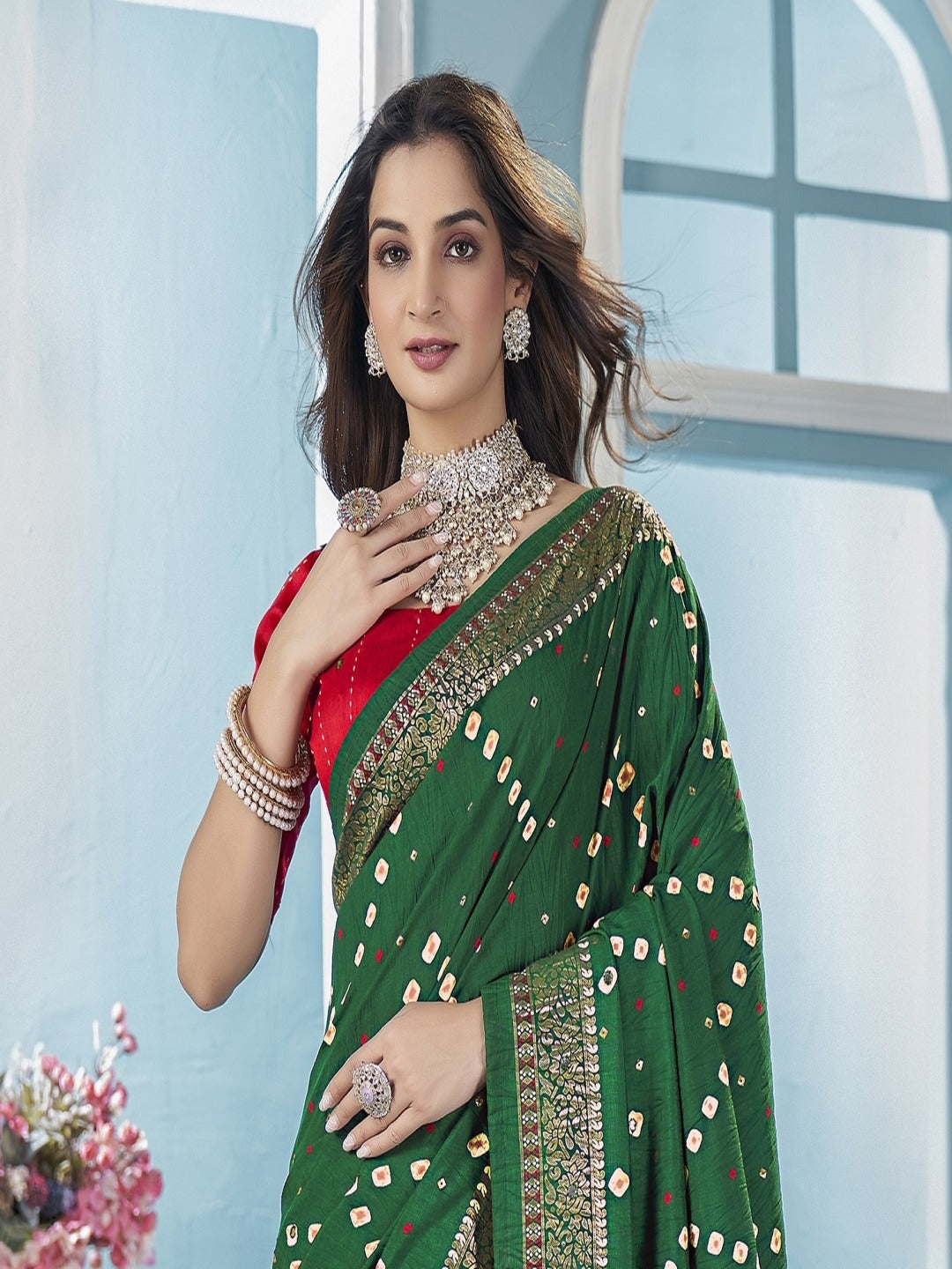 Green Bhandej Aari Work Crushed Silk Saree (Pre-Order)