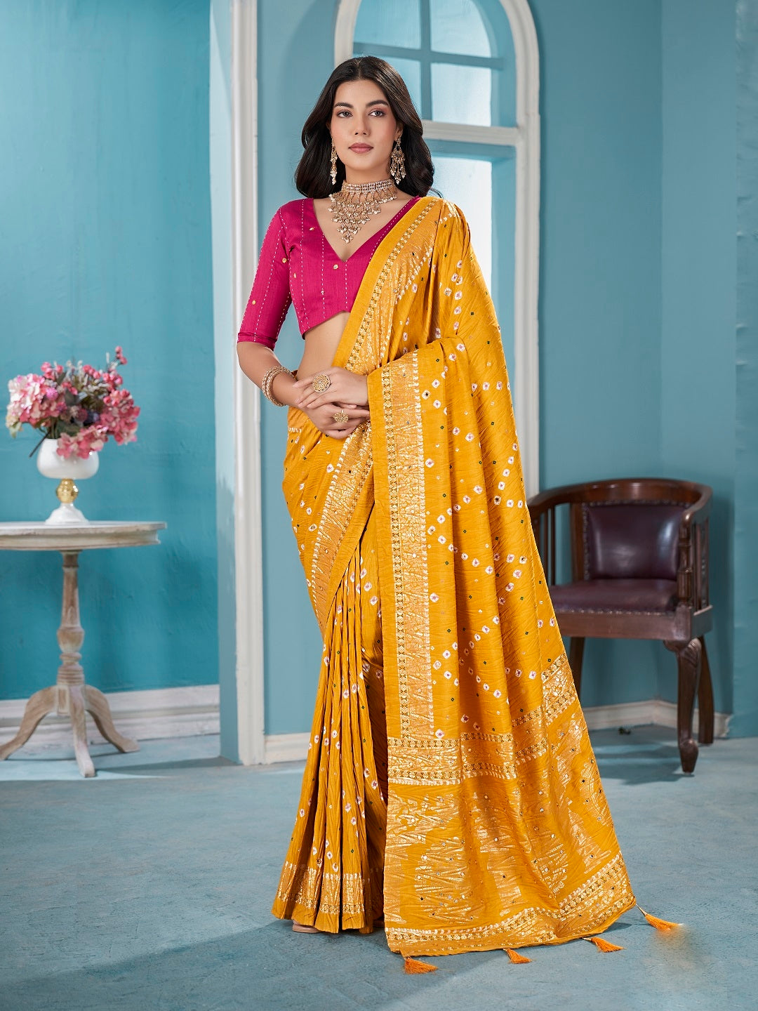 Mustard Bhandej Aari Work Crushed Silk Saree (Pre-Order)