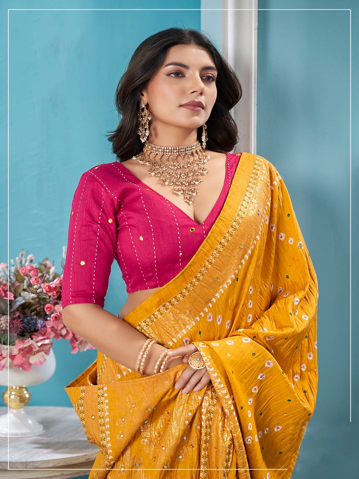 Mustard Bhandej Aari Work Crushed Silk Saree