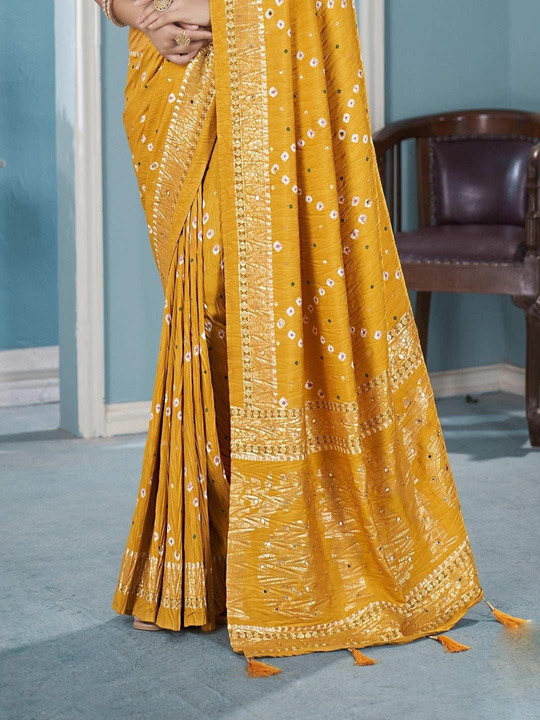 Mustard Bhandej Aari Work Crushed Silk Saree (Pre-Order)