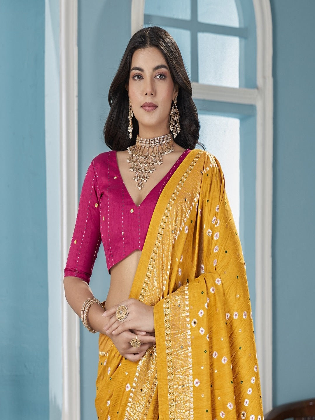 Mustard Bhandej Aari Work Crushed Silk Saree