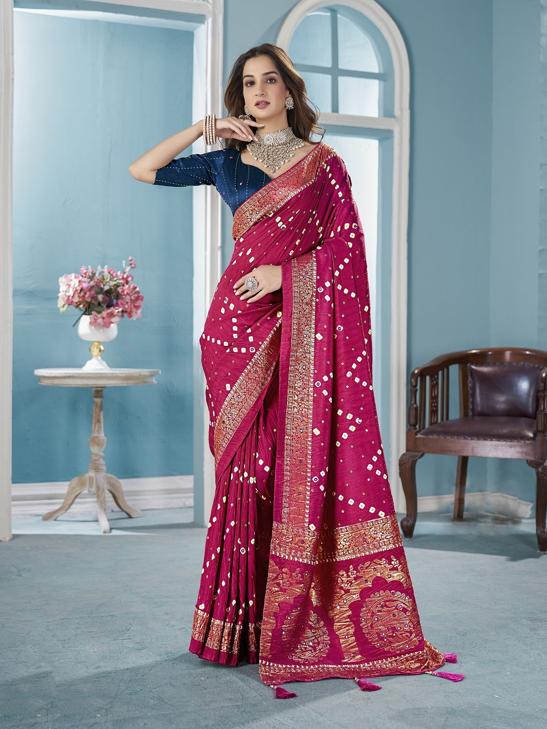 Magenta Bhandej Aari Work Crushed Silk Saree