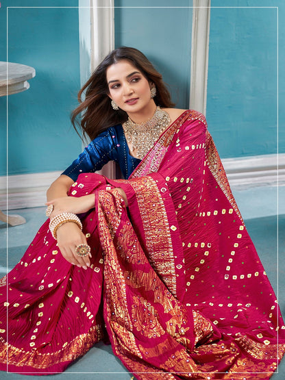 Magenta Bhandej Aari Work Crushed Silk Saree (Pre-Order)