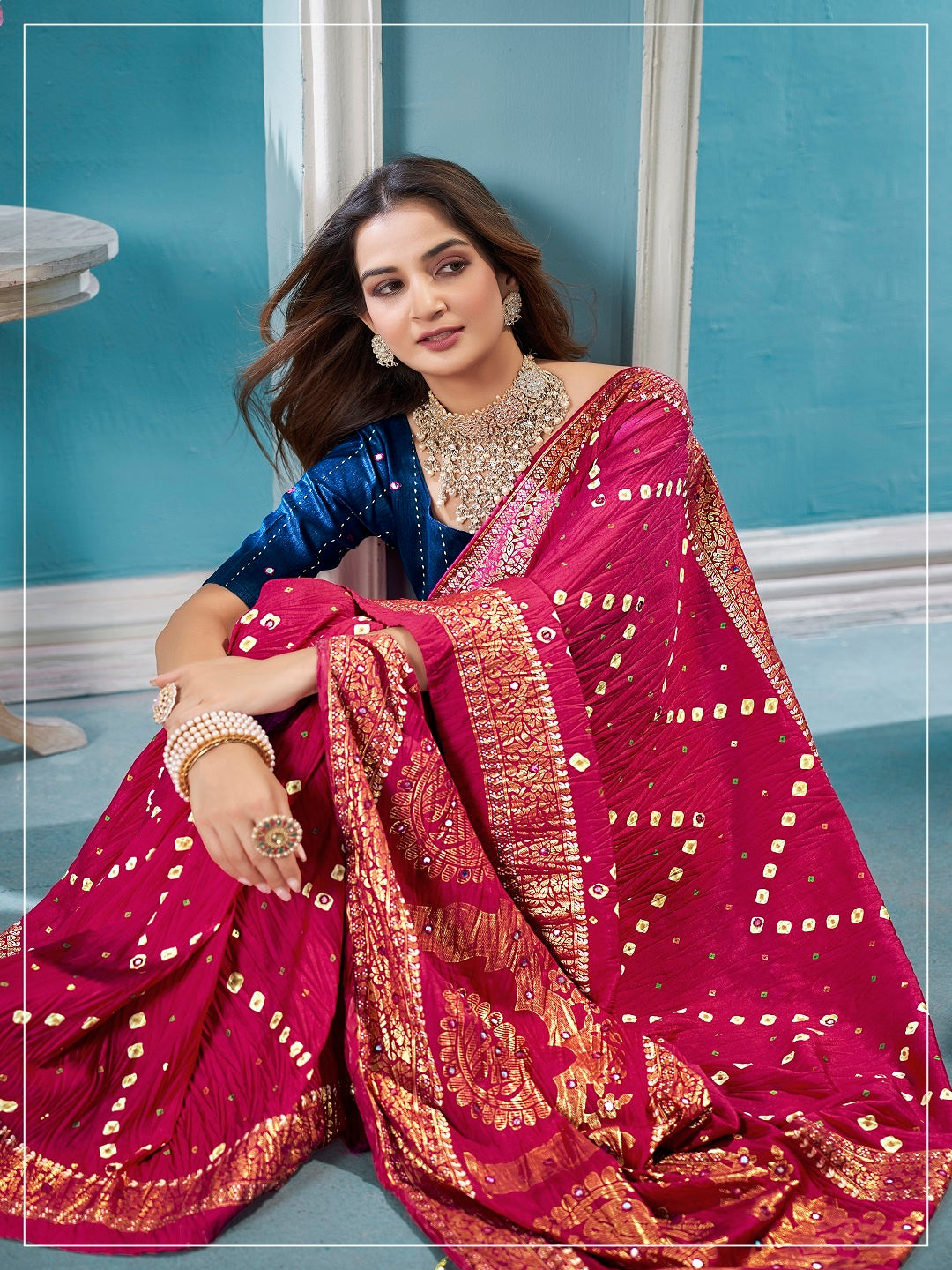 Magenta Bhandej Aari Work Crushed Silk Saree