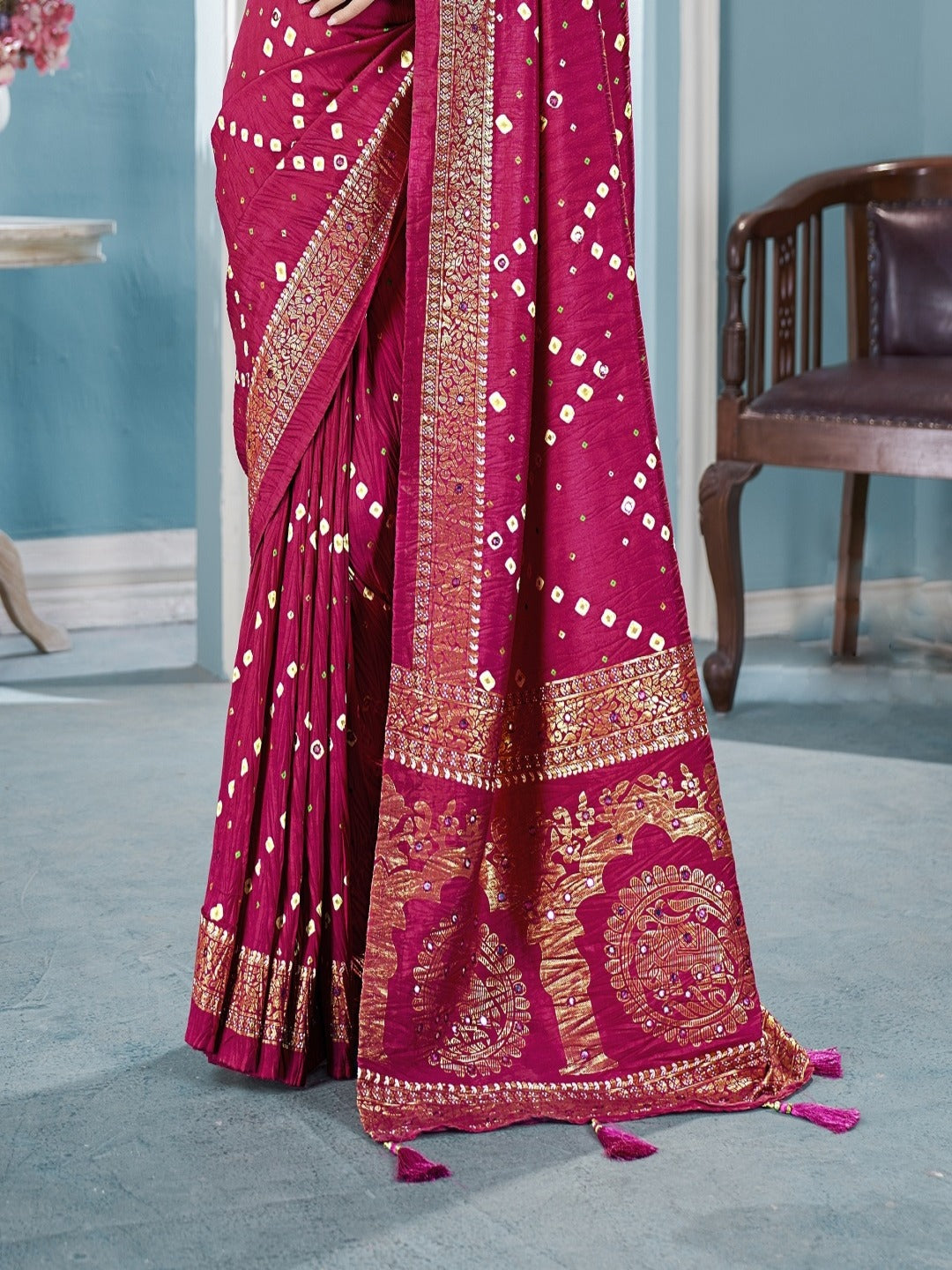 Magenta Bhandej Aari Work Crushed Silk Saree