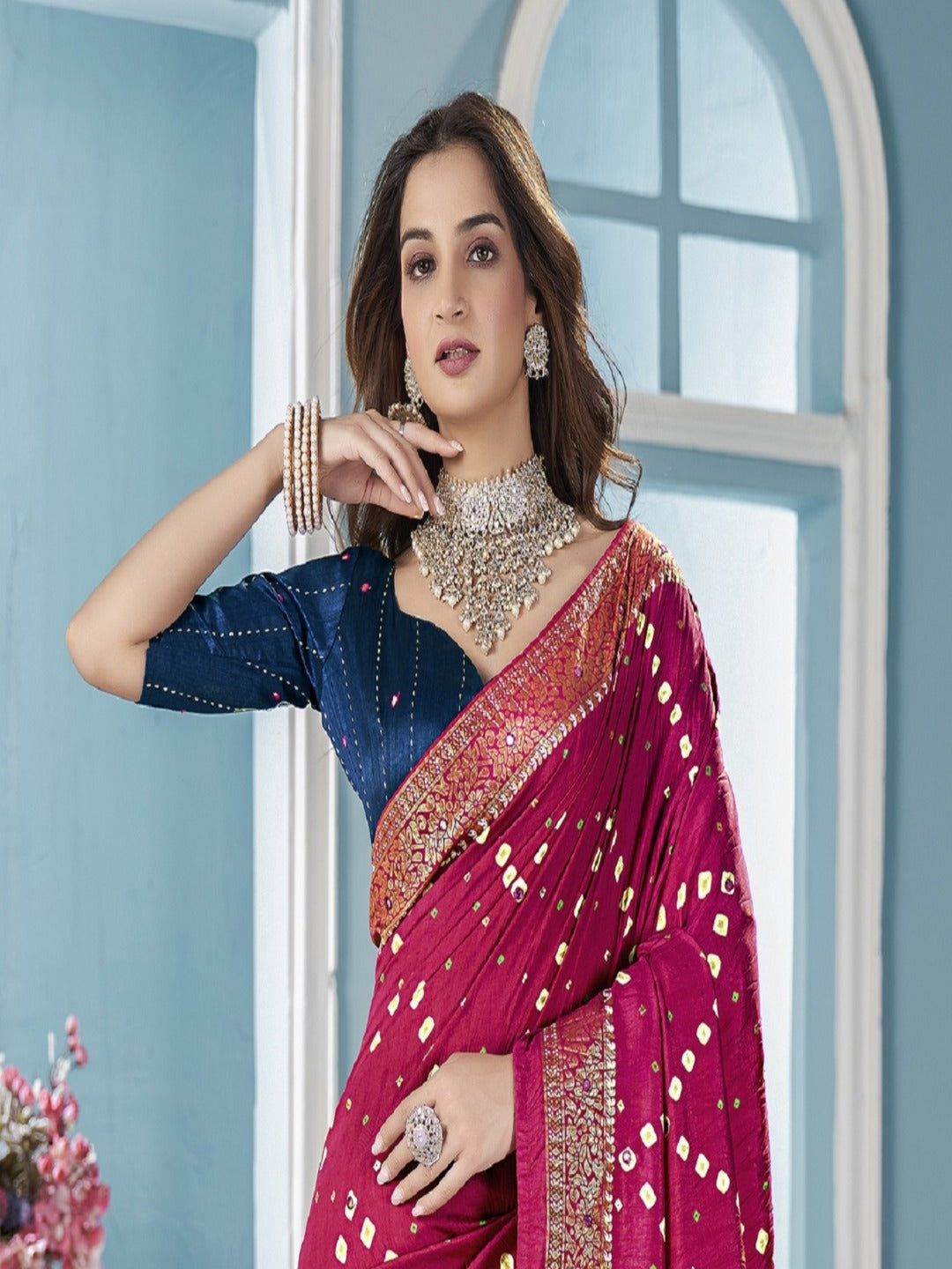 Magenta Bhandej Aari Work Crushed Silk Saree