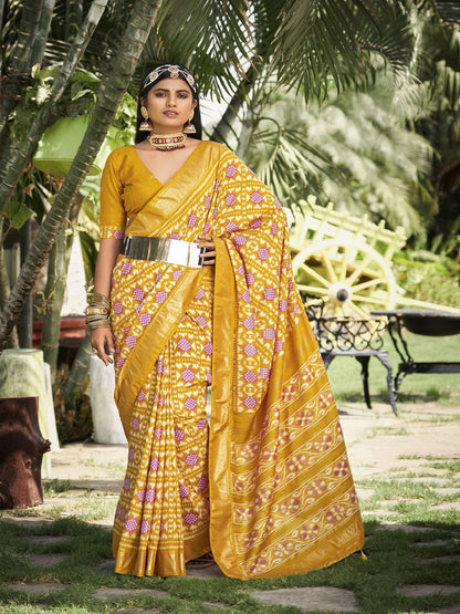 Mustard Ikat Motifs Printed Foil Border Silk Saree (Pre-Order)