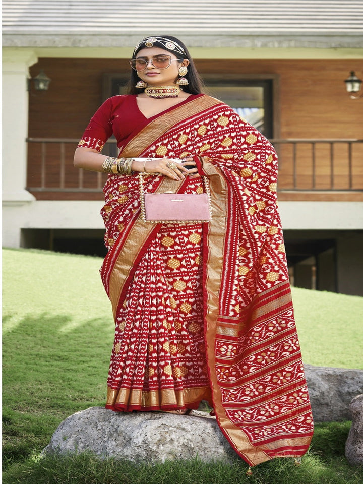 Red Ikat Motifs Printed Foil Border Silk Saree